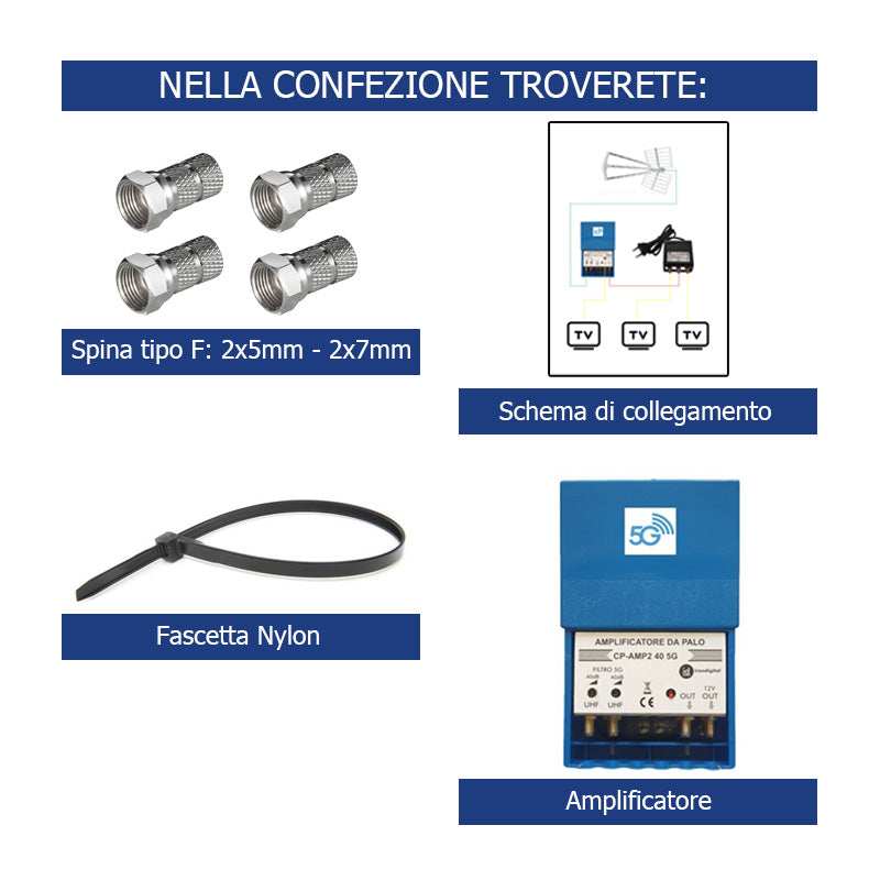 Amplificatore Antenna tv da palo Digitale Terrestre 2 uscite 40dB