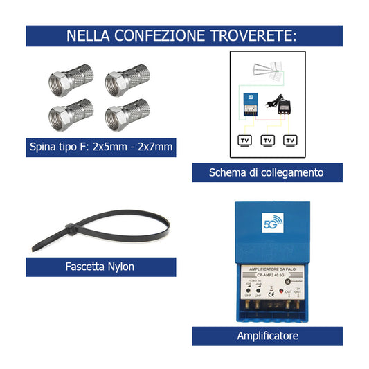 Amplificatore Antenna tv da palo Digitale Terrestre 2 uscite 40dB