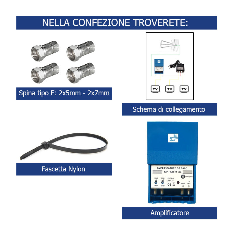 Amplificatore Antenna tv da palo Digitale Terrestre 2 uscite 30dB
