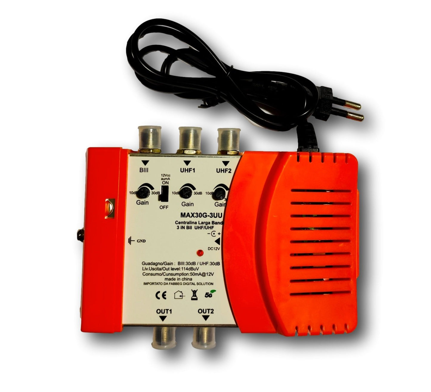 Centralina Amplificata 30dB 3 in 2 Out 114 dBuV 5G