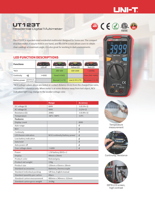 Multimetro Digitale Palmare UT123T con funzione NCV